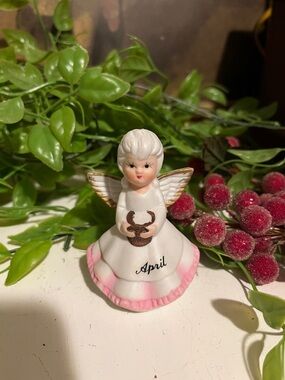 Angel Birthday - April - Lefton - Vintage - White, Pink, Gold - Bisque Porcelain